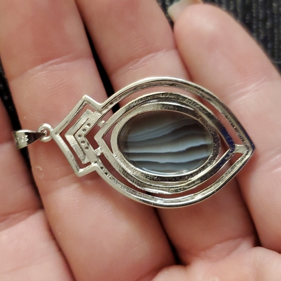 New Botswana Agate Round Rhinestone Inlaid 925 Silver Pendant. - Picture 6 of 12